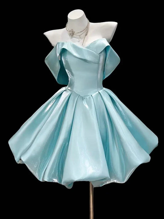 Structured Satin A‑Line Sweetheart Off‑Shoulder Backless Bubble‑Hem Short Homecoming Dresses