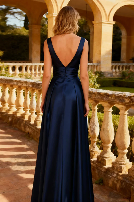 Elegant A-Line V Neck Sleeveless Satin Floor-Length Prom Dress