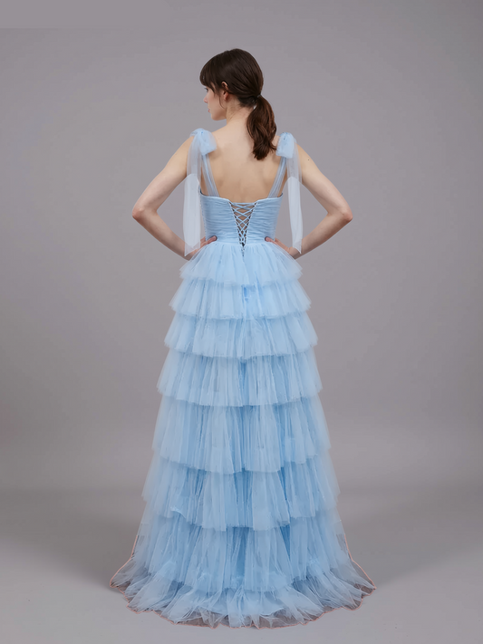 Elegant A-line Bow Strap Lace-up Tiered Tulle Maxi Prom Dress