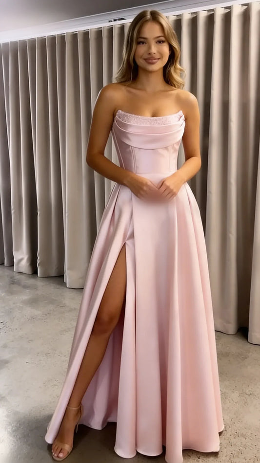 Elegant Beaded‑Trim Satin A‑Line Strapless Cowl‑Neck Lace‑Up‑Back High‑Slit Pocket Floor‑Length Evening Dresses