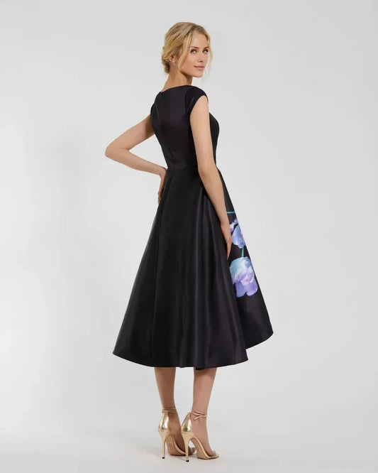 Dress Elegant Black Satin Cap Sleeve Midi Dress With Floral Print Midi Dress Evening Dress A-Line Cap Sleeves Prom Dress