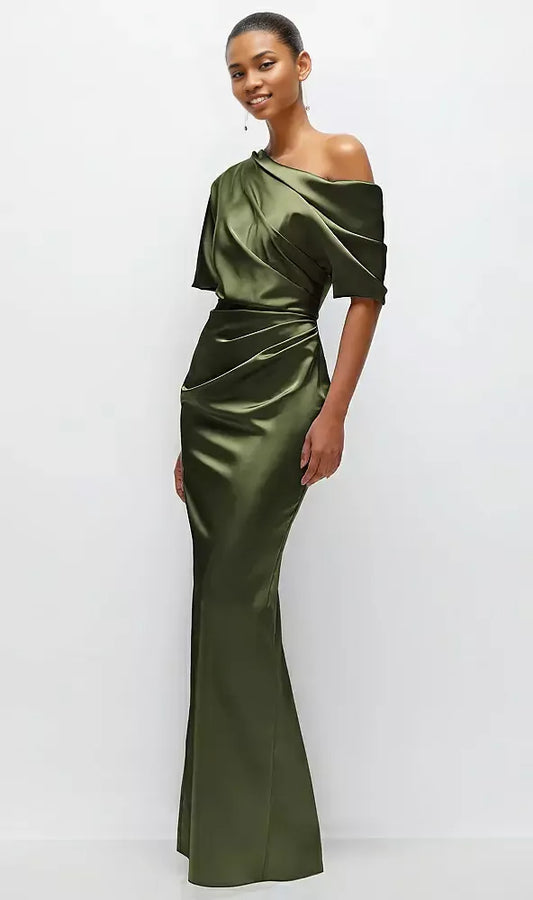 Olive Satin Column Asymmetrical Off‑Shoulder Draped‑Sleeve Floor‑Length Mother Of The Bride Dress