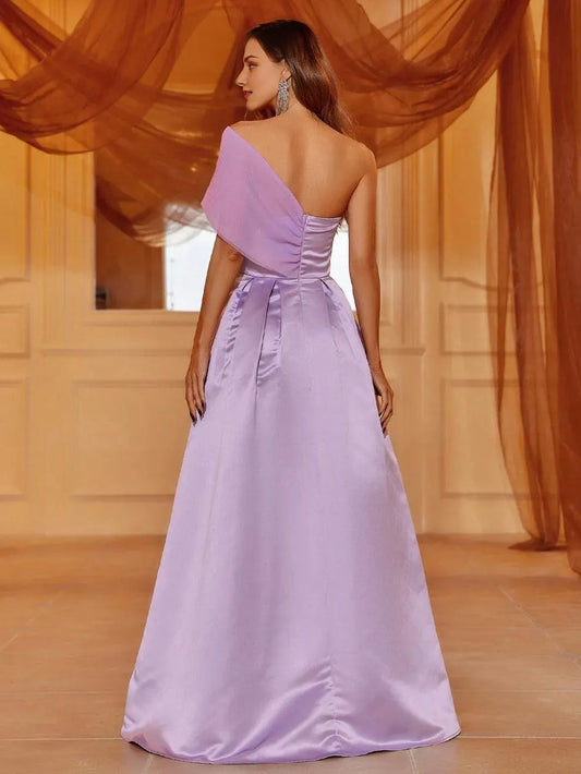 Elegant Evening Dresses/ One Shoulder Asymmetrical Neck Slit Satin A Line Prom Dress Evening Dresses/ Evening Dresses For Women