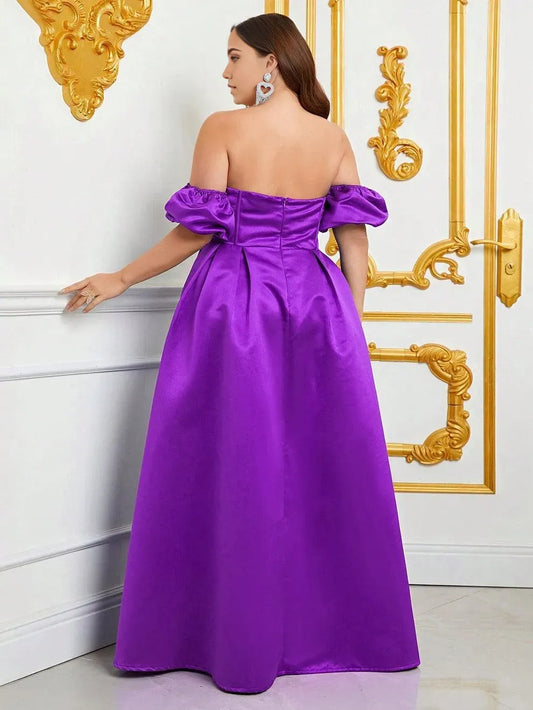 Elegant Evening Dresses/ Plus Off Shoulder Puff Sleeves Ruched Bust Satin Prom Dress Plus Size Black Evening Dresses/ Evening Dresses For Women