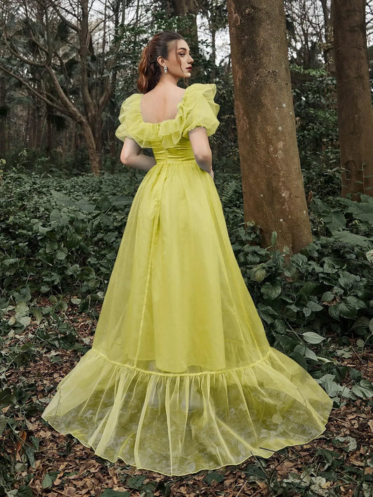Elegant Long Evening Dresses Square Neck Ruffle Trim Puff Sleeves Dress Prom Evening Dress With Side Slit/ Evening Dresses For Women