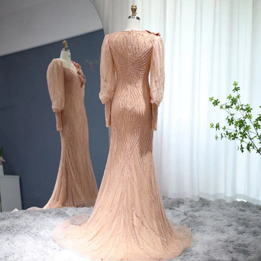 Formal Women's Dresses Luxury Rose Gold Evening Dress Elegant Long Sleeves Formal Dresses Prom Clothing