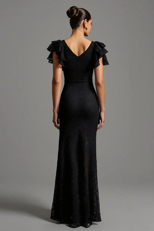 Elegant Mermaid/Trumpet Boat Neck Ruffles Sleeve V Back Floor-Length Evening Dress