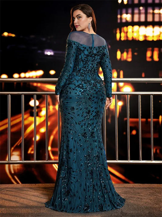 Elegant Mermaid/Trumpet Scoop Neck Long Sleeve Sequins Floor-Length Plus Size Prom Dress