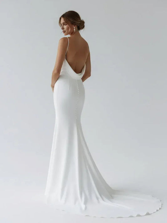 Elegant Mermaid V Neck Sleeveless Pleated Satin Sweep Train Wedding Dress