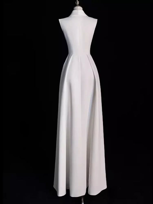 Elegant Off-the-Shoulder V Neck A line Satin Party Dresses Long Prom Dresses