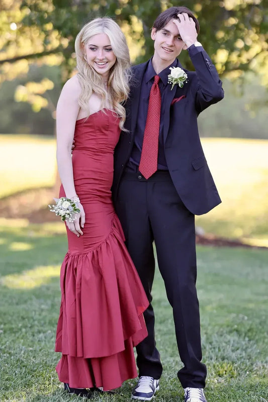 Elegant Ruffled Strapless Sleeveless Satin Maxi Prom Dress With Slit