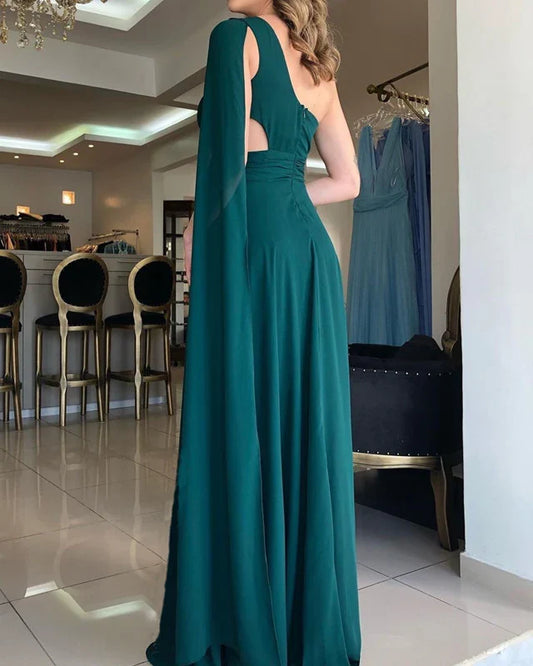 Emerald Green Chiffon Bridesmaid Prom Dresses One Shoulder With Slit 