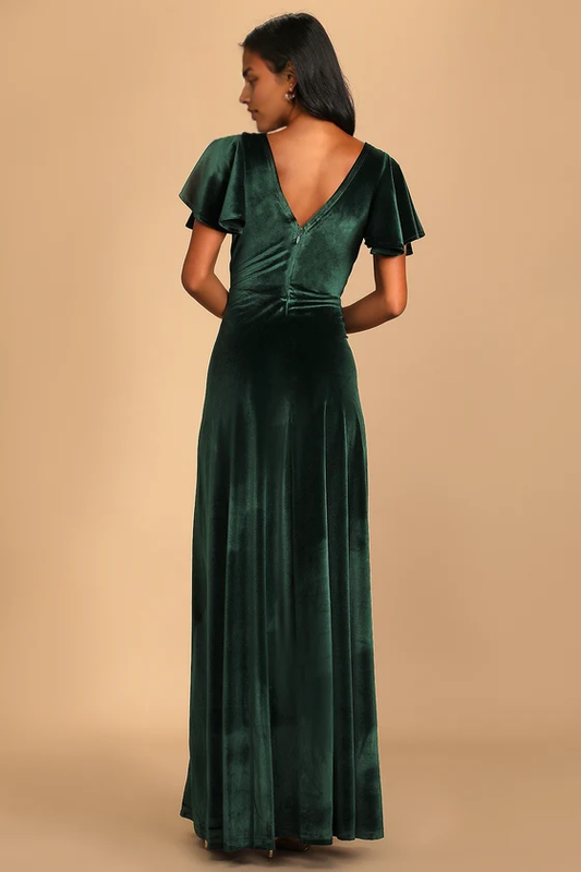 Formal Women's Dresses Absolutely Amazed Emerald Green Velvet Flutter Sleeve Maxi Dress In Prom Dress Shops