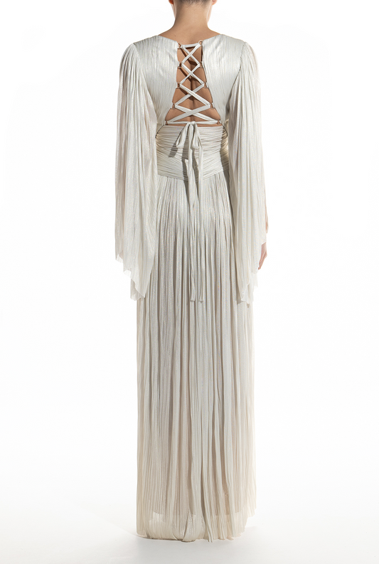 Prom Dress In Store Chic V Neck A-line Long Sleeves Evening Dress Backless Lace Up With Slit Pleated Dresses Evening Wear