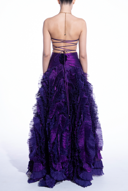 Prom Dress In Store Halter A-line Midnight Orchid Tiered Pleated Evening Dress Floor Length Sleeveless Dresses Evening Wear