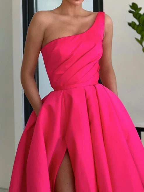 Simple One Shoulder Satin Evening Dresses With Slit 