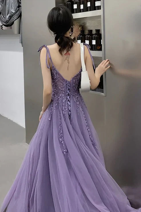 V Neck Sleeveless Lace Train Evening Dresses With Applique 