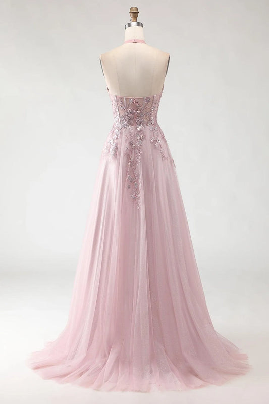 Exquisite A-Line Halter Neck Sleeveless Backless Tulle Floor-Length Prom Dress