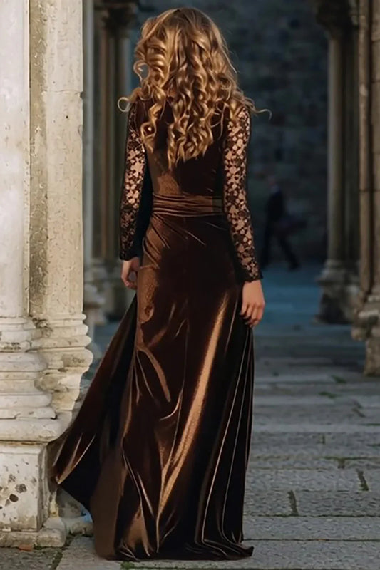 Exquisite A-Line V Neck Long Sleeve Velvet Floor-Length Prom Dress