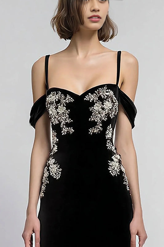 Exquisite A Line Cold Shoulder Sleeveless Velvet Floor-Length Prom Dress