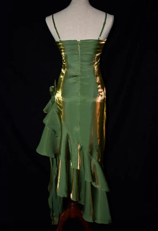 Shiny Green‑Gold Mermaid Square Neck Spaghetti Straps Zipper‑Back Midi Prom Dress For Gala