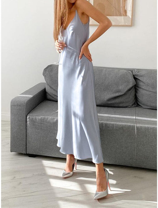 Women's Prom Dress Party Dress Wedding Guest Dress Long Dress Maxi Dress Black Khaki Gray Sleeveless Plain Backless Summer Spring Fall Spaghetti Strap Elegant Wedding Guest Birthday Evening Party