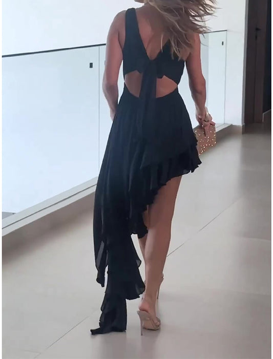 Women's Little Black Dress Prom Dress Party Dress Wedding Guest Dress Long Dress Maxi Dress Sleeveless Ruffle Spring Deep V Fashion Evening Party Wedding Guest