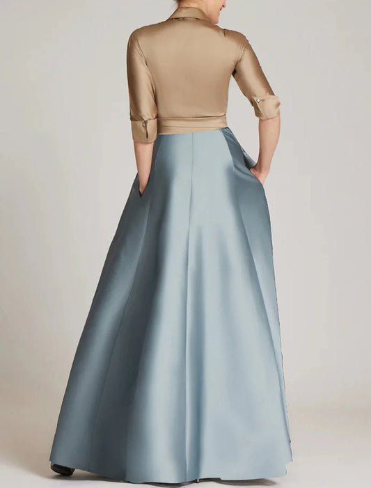 A-Line Evening Gown Elegant Dress Formal Floor Length 3/4 Length Sleeve Shirt Collar Satin with Slit Strappy