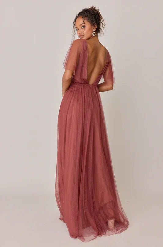 Fashion A-Line V Neck Sleeveless Tulle Floor-Length Prom Dress