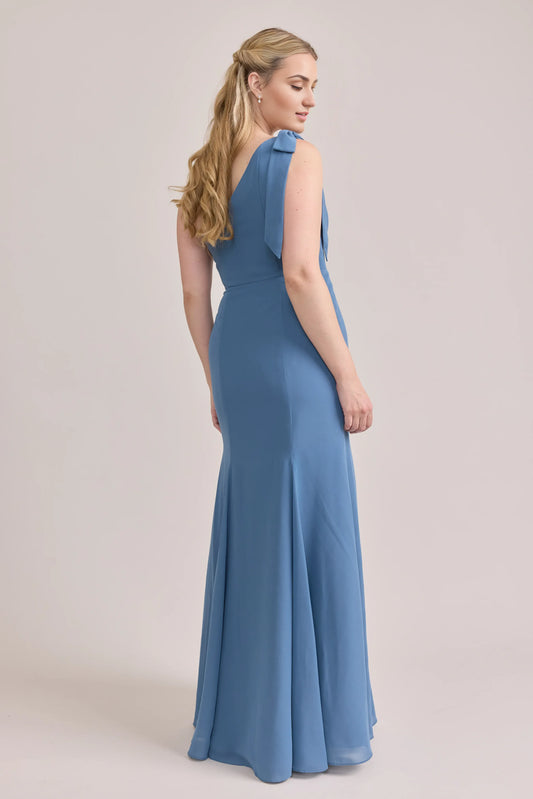 Fashion Fitted Trumpet One Shoulder Sleeveless Backless Ankle-Length Bridesmaid Dress