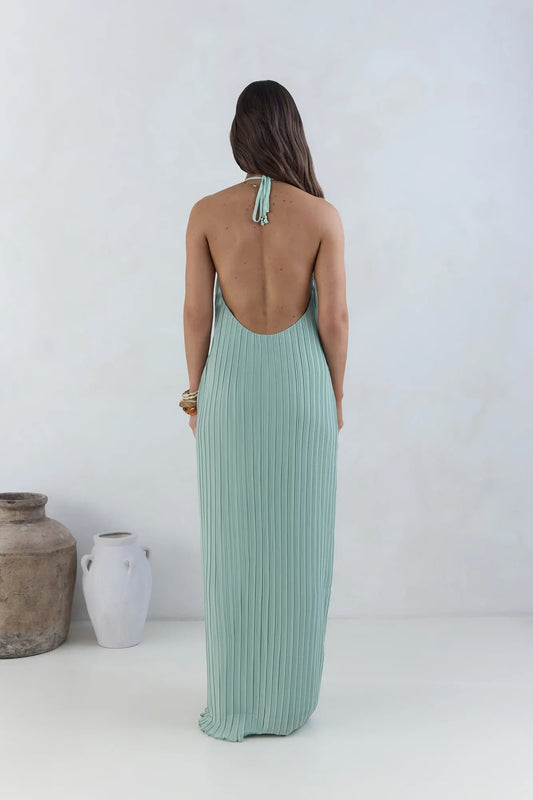 Fashion Halter Tie V Neck Backless Pleated Floor-Length Dress Green Straight Tube Sleeveless Solid Color Prom Dress