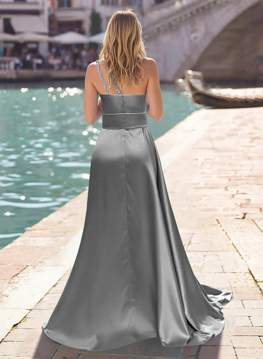 Fashion Sheath One-Shoulder Sleeveless Ruffle Satin Sweep Train Prom Dress