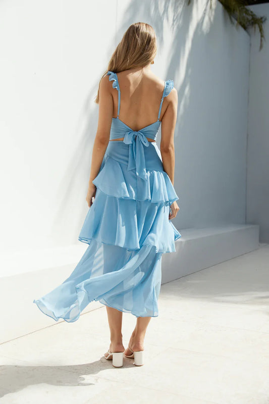 Fashion V Neck Pleated Ruffle Thick Straps Ankle-Length Dress Blue A-Line Sleeveless Solid Color Tiered Prom Dress With Slit