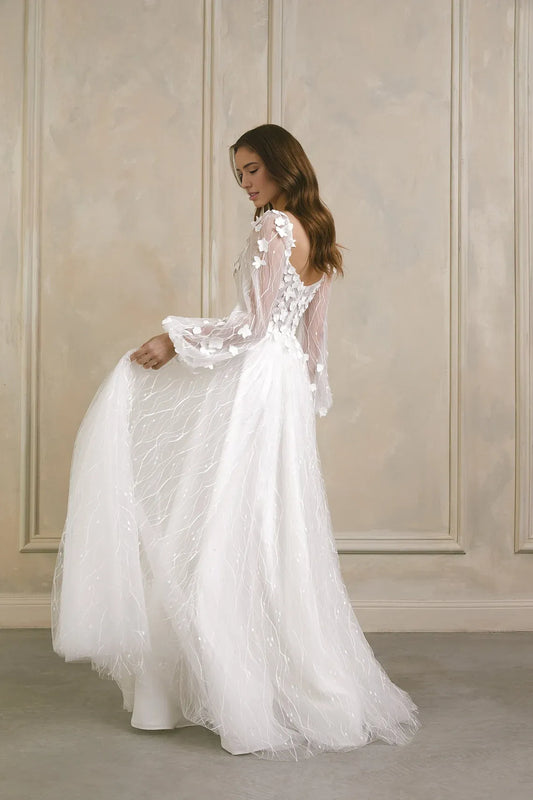 Floral Wedding Dress Long Sleeve Sweetheart Neck Romantic Tulle Wedding Dress For Bride A Line Wedding Gown Floor Length