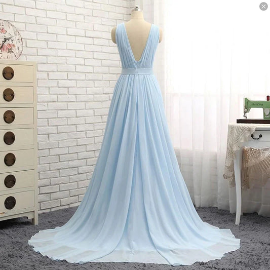 Formal Dresses Light Blue Deep V Neck Sleeveless Chiffon Long Prom Dress Evening Dress / Prom Dresses Store