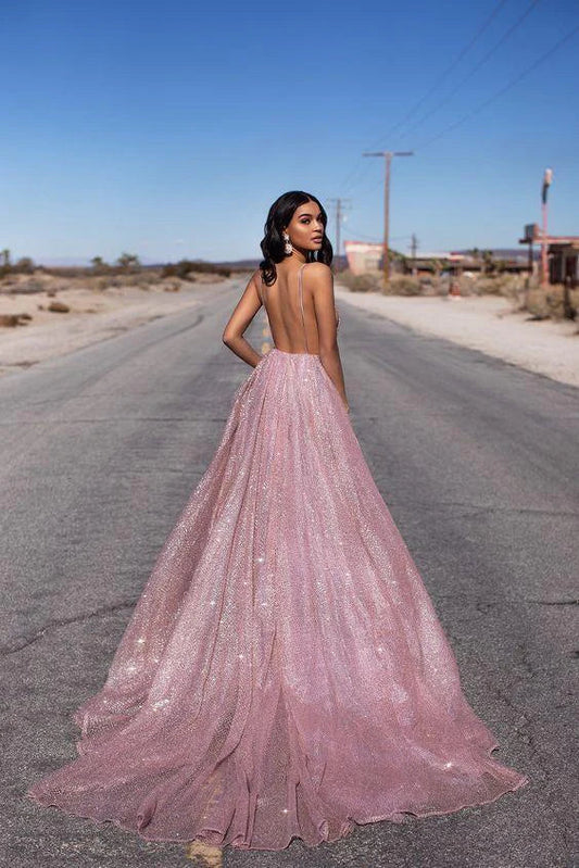 Formal Dresses Sexy Deep V Neck Spaghetti Straps Open Back Tulle Sequin Long Prom Dress / Prom Dresses Store