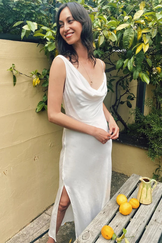 Formal Wear Dresses/Asymmetrical Cowl Neck Ivory Satin Bridesmaid Dress