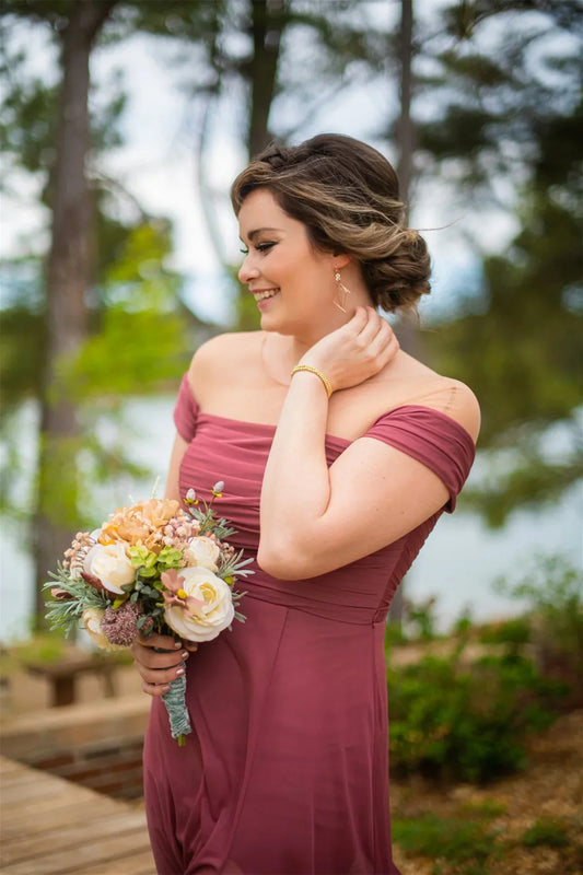 Formal Wear Dresses/Chiffon Off the Shoulder Dusty Rose Pleated Bridesmaid Dress