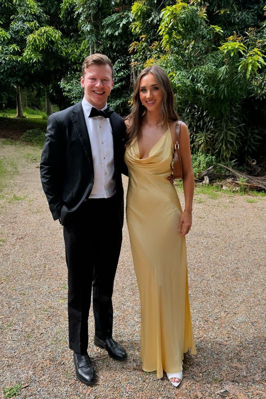 Formal Wear Dresses/Cowl Neck Yellow Soft Satin Sheath Dress Bridesmaid Dress