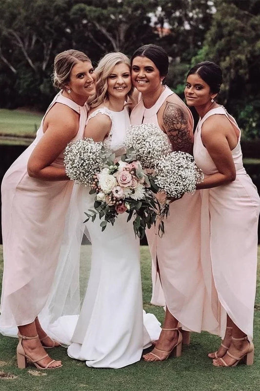 Formal Wear Dresses/Halter Pink Wrap Bridesmaid Dress with Keyhole