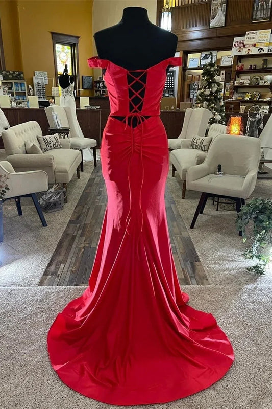 Formal Wear Dresses Off the Shoulder Red Mermaid Floor Length With Train Prom Dress Stores With Prom Dresses