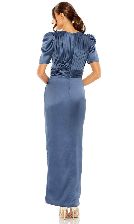 Formal Wear Dresses/ Puff Sleeves Sheath Pleated Bodice Closed Back With High Slit Evening Dress/ Evening Dresses For Women