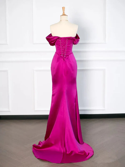 Formal Wear Dresses/ Sexy Mermaid Off The Shoulder Hot Pink Satin Prom Dresses Party Evening Dress With Ruffles Evening Dress/ Evening Dresses For Women