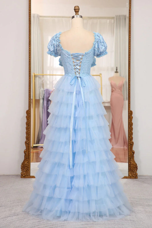 Formal Wear Dresses Short Sleeves Blue Lace and Tulle Tiered Dress Prom Dress Stores With Prom Dresses