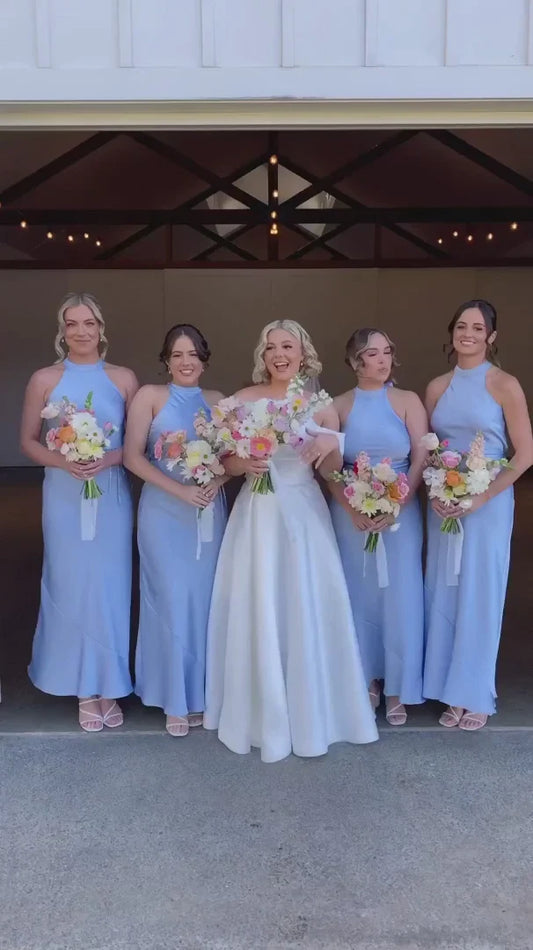 Formal Wear Dresses/Sky Blue Halter Satin Long Bridesmaid Dress