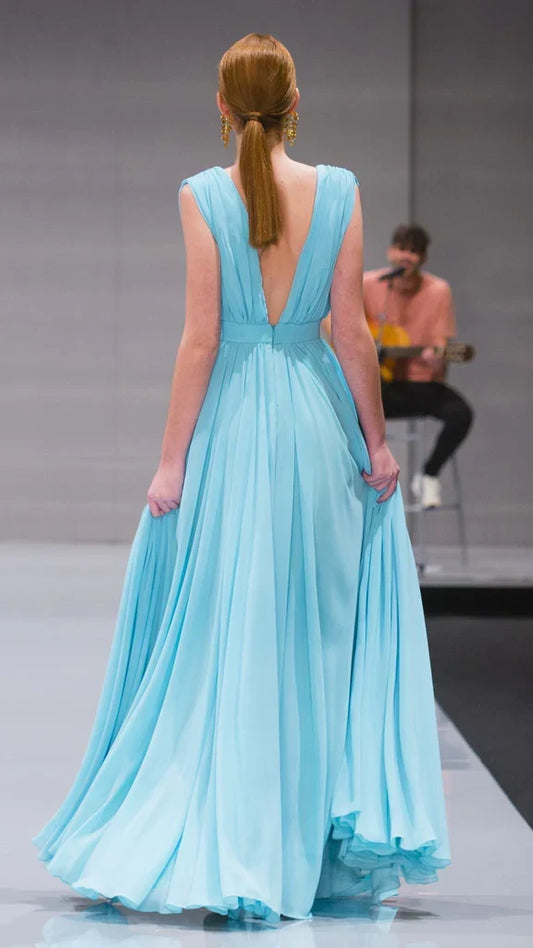 Formal Women's Dresses A-Line V-Neck Sleeveless Floor-Length Chiffon Prom Dresses / Prom Dress Shop 