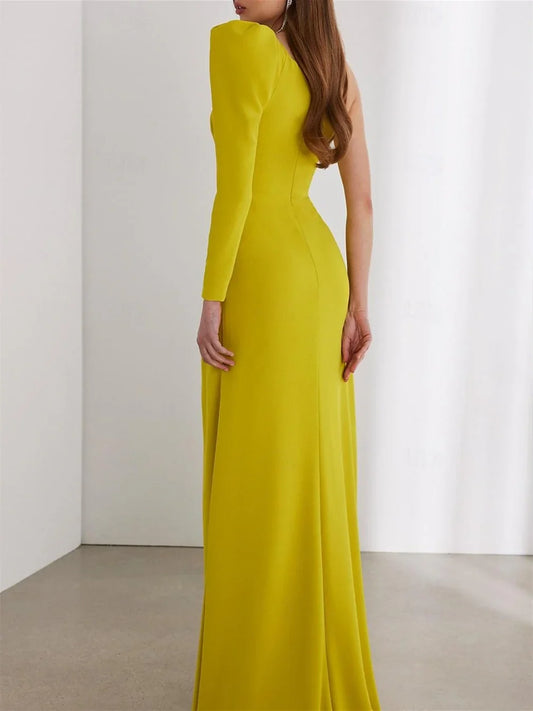 Formal Women's Dresses Column Floor Length Long Sleeve One Shoulder Wedding Guest Dresses Stretch Chiffon With Ruched Prom Dress Prom Dress Shops