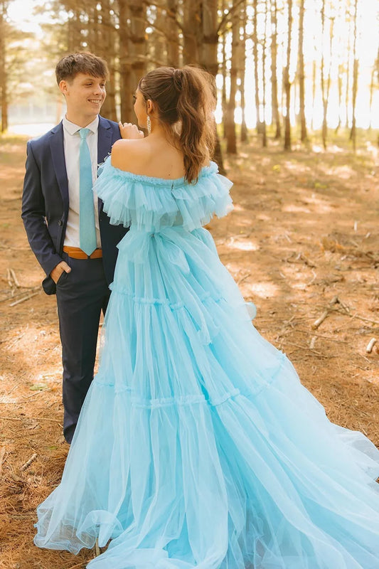Formal Women's Dresses Ruffles Off the Shoulder Corset A-line Long Formal Dress With Train Prom Dress Prom Dress In Store