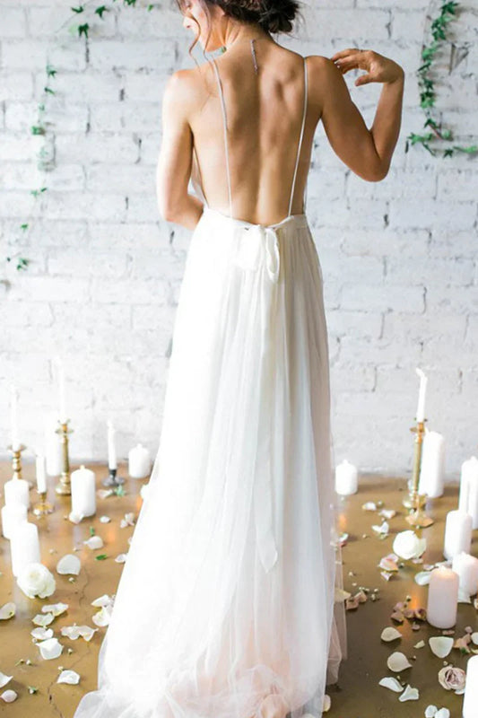 Formal Women's Dresses Sexy A-Line Deep V-Neck Backless Chiffon Boho Wedding Dresses with Pleats / Prom Dress Shop