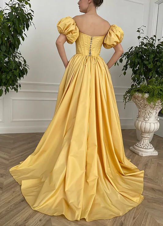 Formal Women's Dresses Vintage Fairy Corset Dress A line Straight Long Yellow Prom Dress Ball Gown Short Sleeve Wedding Ball Gown Prom Dress with Slit Prom Dress Shop